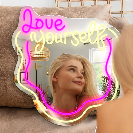 Love Yourself Neon Mirror Sign for Wall Wavy Neon Mirror LED Neon Light Wavy Mirror, Wall Mirror Decor Dimmable Neon Light Sign