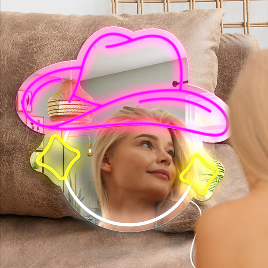 Cowgirl Hat Neon Mirror Sign Cowgirl Hat LED Neon Light Cowgirl Hat Disco Ball Shaped Neon Mirror, Girls Room Wall Mirror Decor Dimmable Cowgirl Neon Light Sign