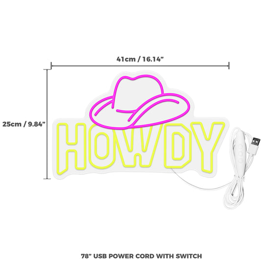 Howdy with Cowgirl Hat Neon Sign for Wall Decor Girl Cave Room Decor, Pink Neon Sign for Girls Party Decoration, Pink Room Decor, Christmas Gifts for Girls