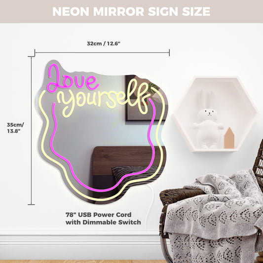 Love Yourself Neon Mirror Sign for Wall Wavy Neon Mirror LED Neon Light Wavy Mirror, Wall Mirror Decor Dimmable Neon Light Sign