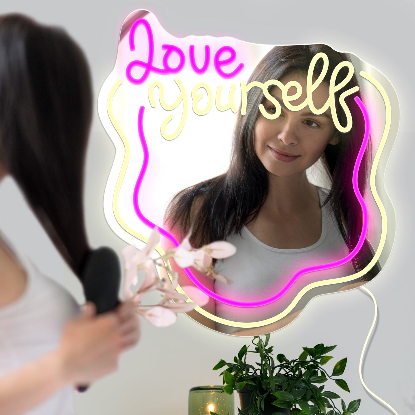 Love Yourself Neon Mirror Sign for Wall Wavy Neon Mirror LED Neon Light Wavy Mirror, Wall Mirror Decor Dimmable Neon Light Sign