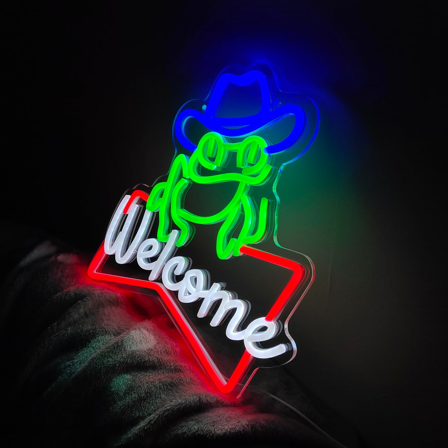 Frog Cowboy Welcome Neon Sign for Wall Decor, Frog LED Neon Lights Signs, Home Bar Welcome Sign, Man Cave Decor, Frog Cowboy with Welcome Lettering LED Sign Light