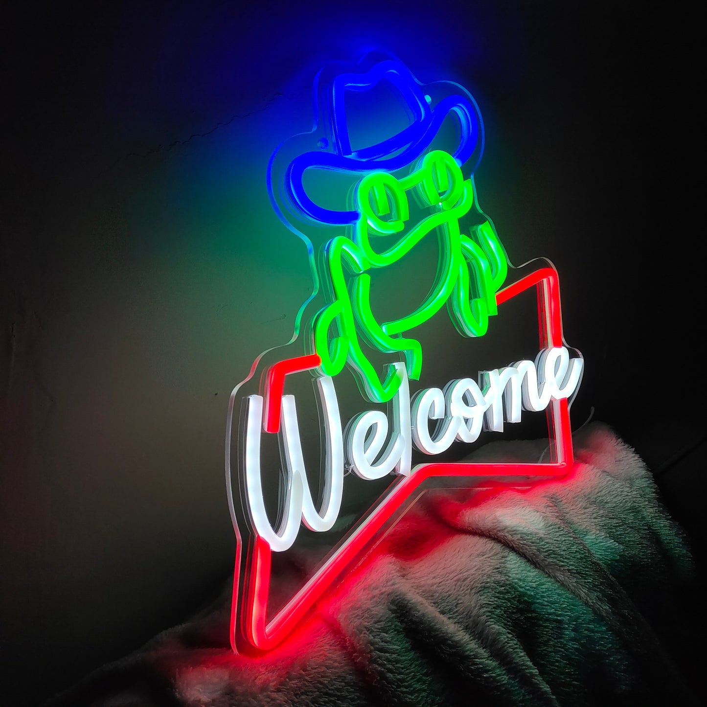 Frog Cowboy Welcome Neon Sign for Wall Decor, Frog LED Neon Lights Signs, Home Bar Welcome Sign, Man Cave Decor, Frog Cowboy with Welcome Lettering LED Sign Light