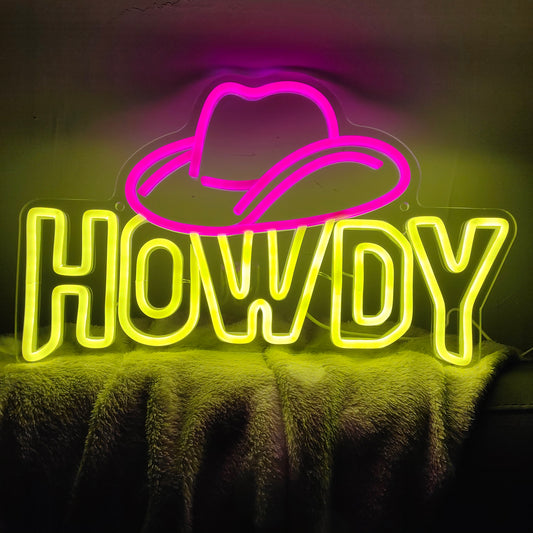 Howdy with Cowgirl Hat Neon Sign for Wall Decor Girl Cave Room Decor, Pink Neon Sign for Girls Party Decoration, Pink Room Decor, Christmas Gifts for Girls